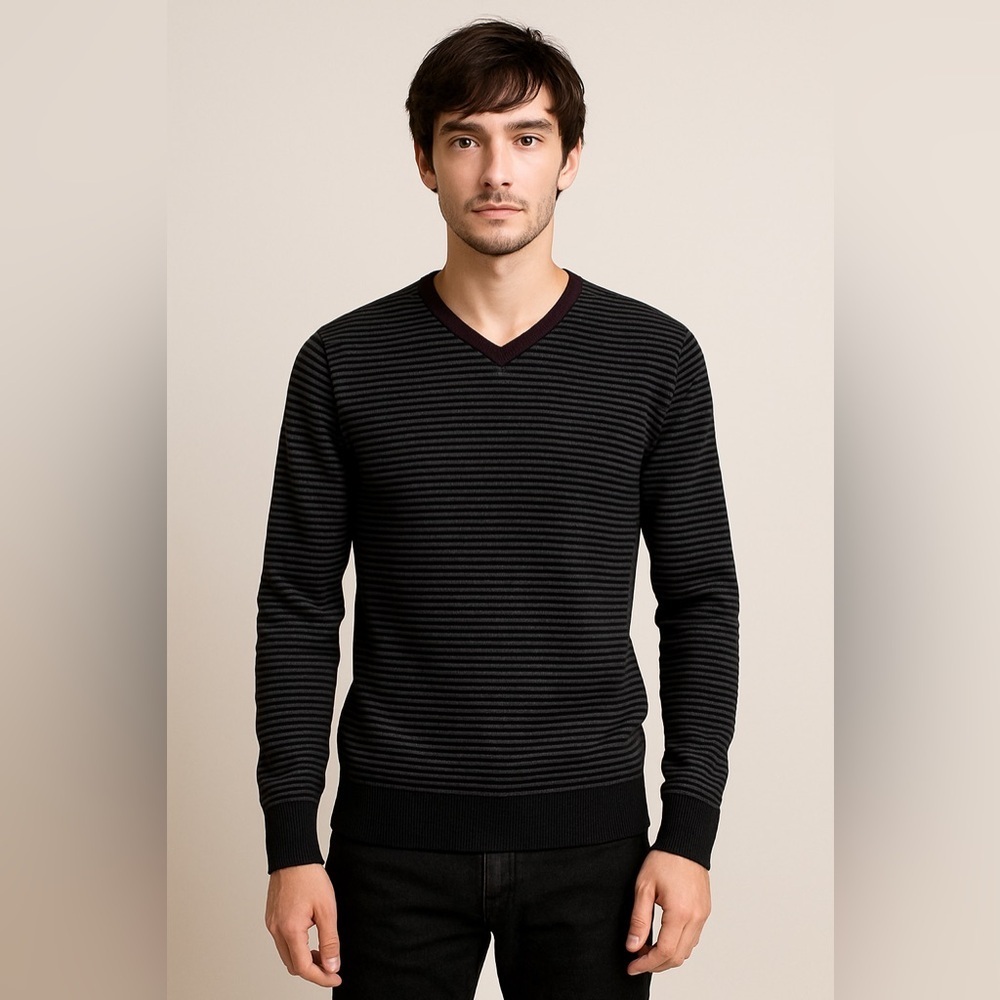 G by Guess Men’s Striped V-Neck Sweater S Black Gray Y2K VTG Grunge Goth Moto